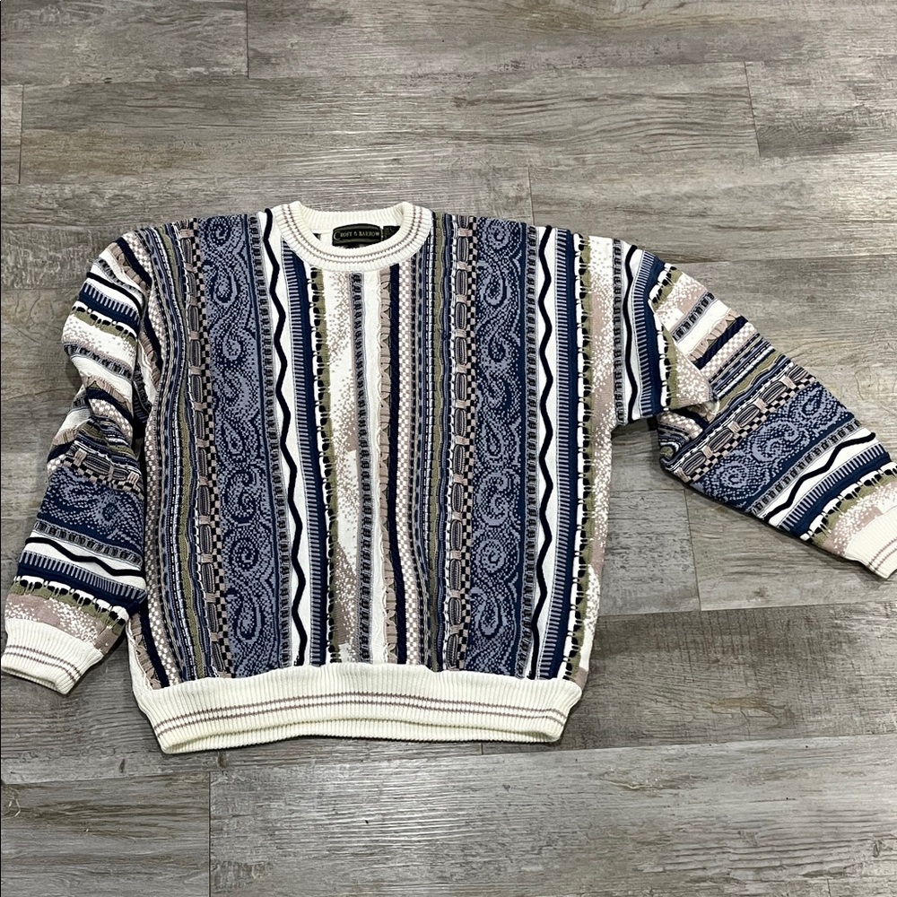 Croft & Barrow COOGI-style. Large Blue and Beige Patterned Crewneck Sweater‎